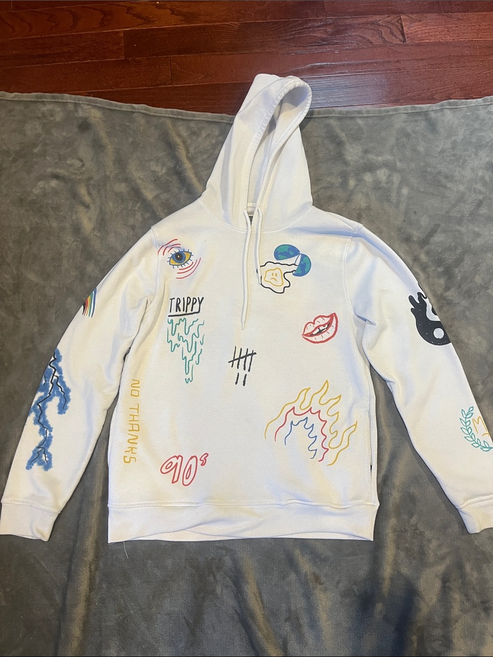 Brooklyn Cloth White Crewneck Hoodie with Multicolor Graphic Prints